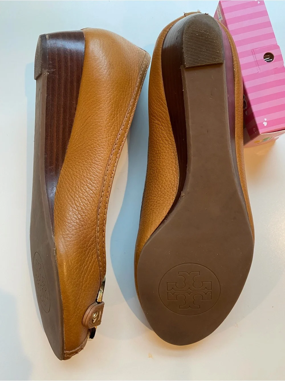 Tory Burch Brown Leather Peep-Toe low wedge with gold logo